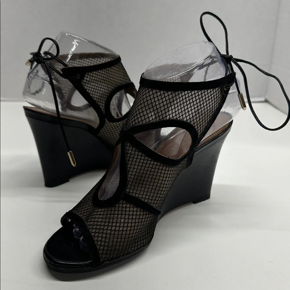 Aquazzura Sexy Thing Suede Wedges Heeled Sandals Open Toe Mesh Black Size 7.5